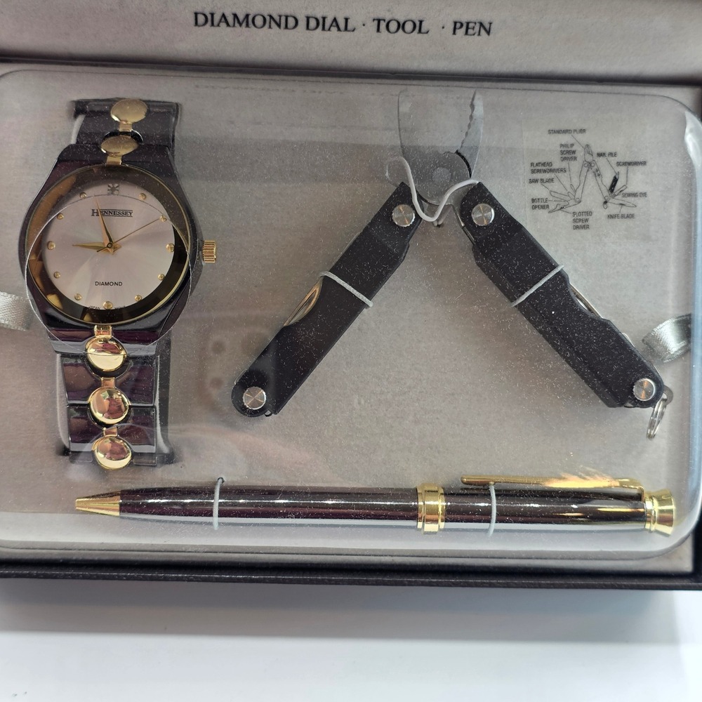 Hennessey Mens Gift Set Diamond Dial Watch Multi-tool w/ Pen Black Gold Tone New - Picture 2 of 13